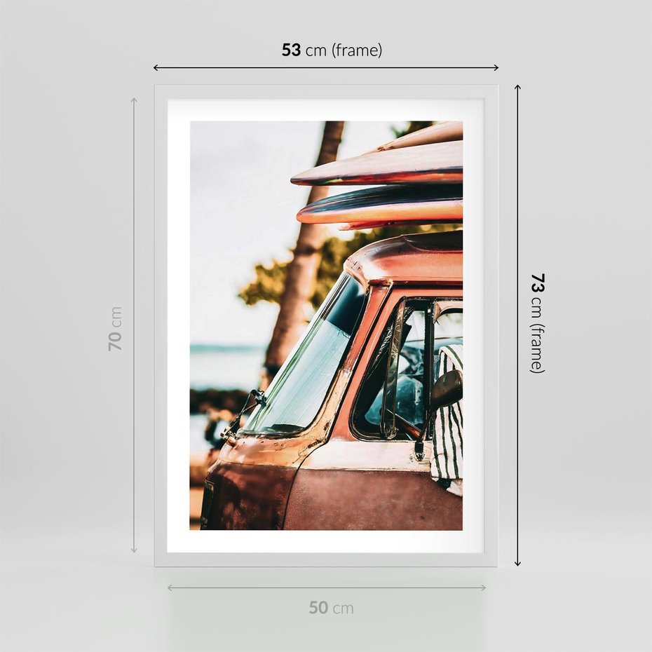 Plakat w ramie 50x70 - Surfingowa Wolność - samochód, stary van - rama biała