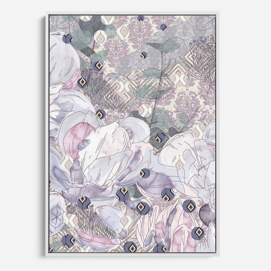 Obraz w ramie 80x120 - Malowane oddechy istnienia - pomieszane tekstury, kwiatowe elementy - rama biała