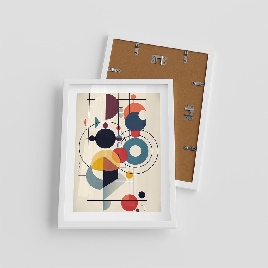 Plakat w ramie 30x40 - Rozbijające Barwne Granice - abstrakcyjna geometryczna kompozycja, koła linie - rama biała