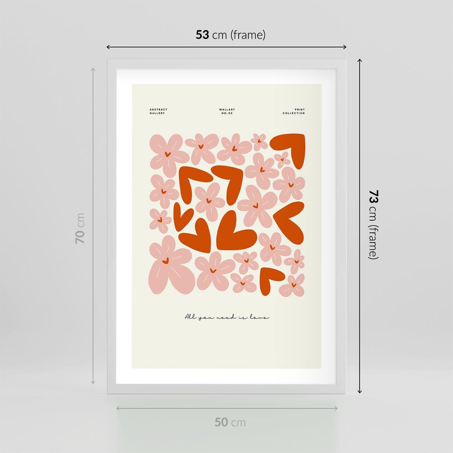 Plakat w ramie 50x70 - Miłość w Kompozycji - grafika, kompozycja kwiaty i serca - rama biała