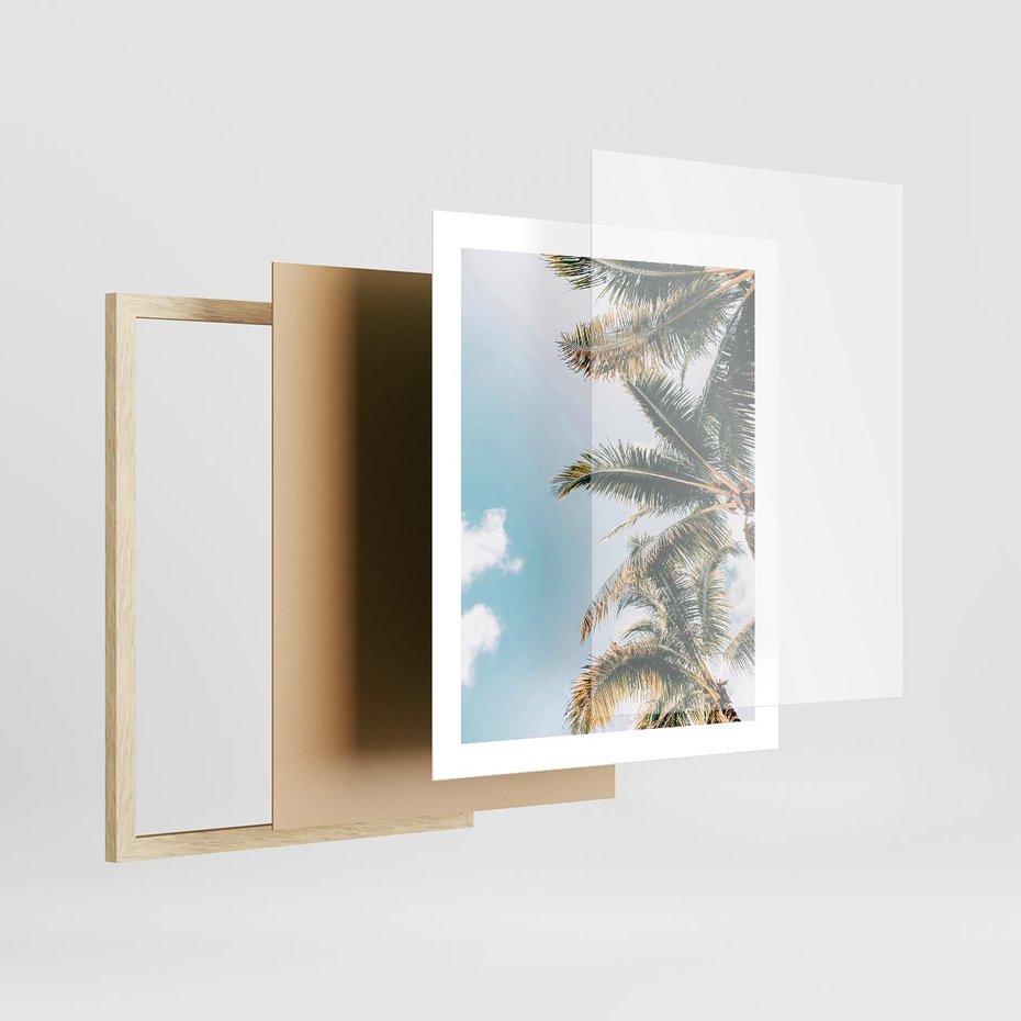 Plakat w ramie 40x50 - Pod Błękitnym Niebem - palmy, ujęcie z dołu - rama drewno