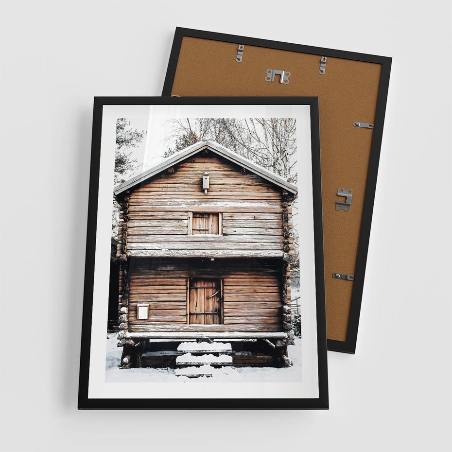 Plakat w ramie 50x70 - Śnieżny Ustronny Raj - domek w górach, śnieg - rama czarna