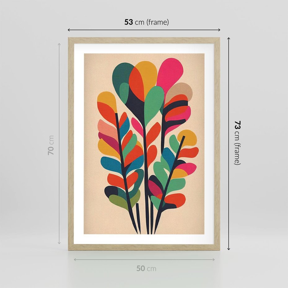 Plakat w ramie 50x70 - Symfonia Wzrokowych Impresji - abstrakcyjny kolorowy tęczowy obraz, inspiracje roślinne - rama drewno