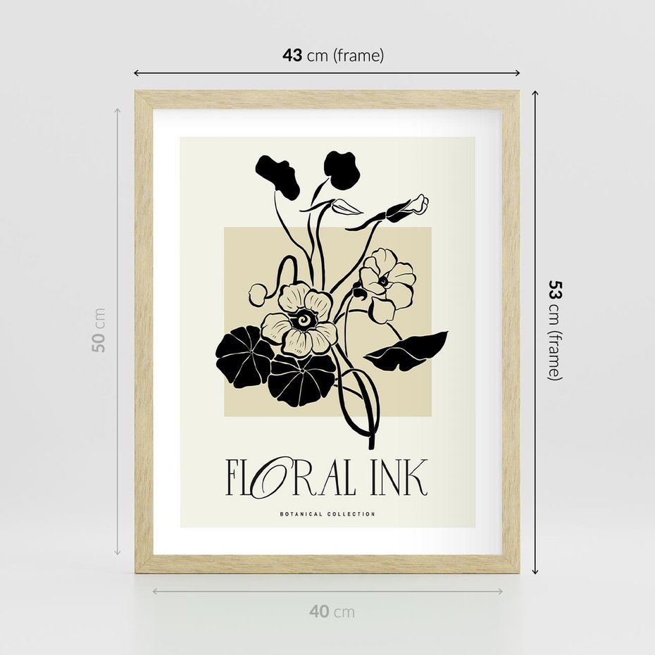 Plakat w ramie 40x50 - Podróż linii kwiatowego czasu - kwiaty, typografia - rama drewno