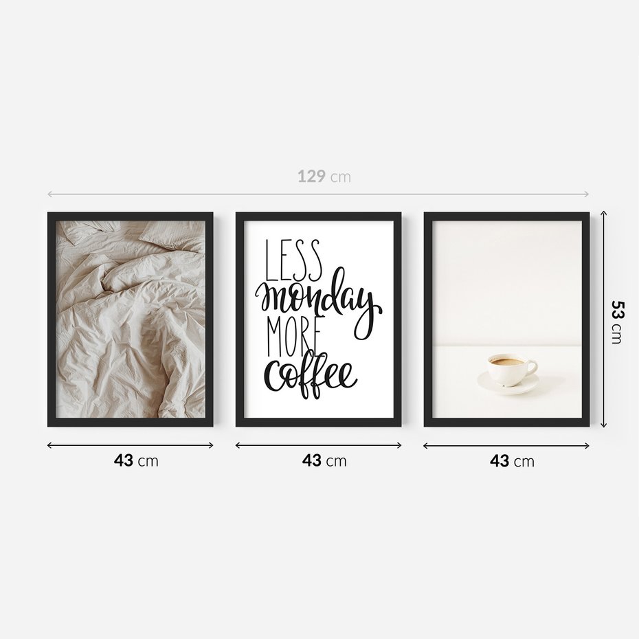 Zestaw obrazy w ramie 40x50 galeria - Kawa, łóżko, pościel, minimalizm - rama czarna