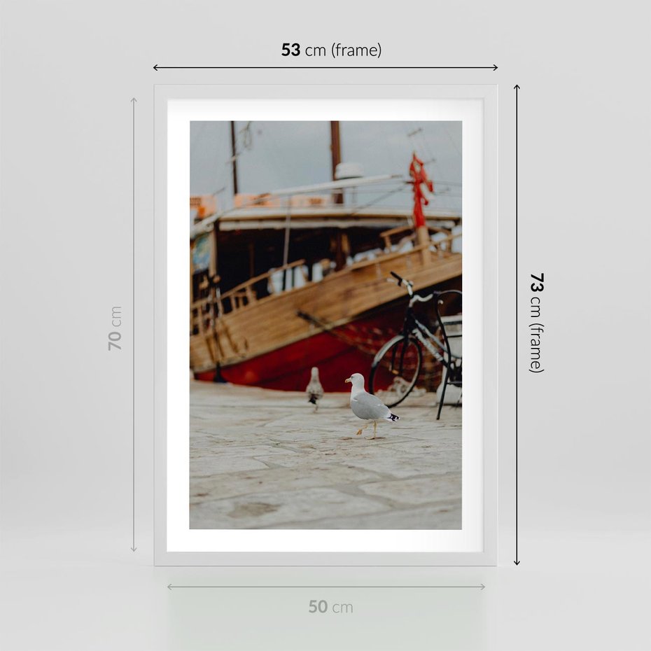 Plakat w ramie 50x70 - Przygoda na Horyzoncie - port, statek - rama biała