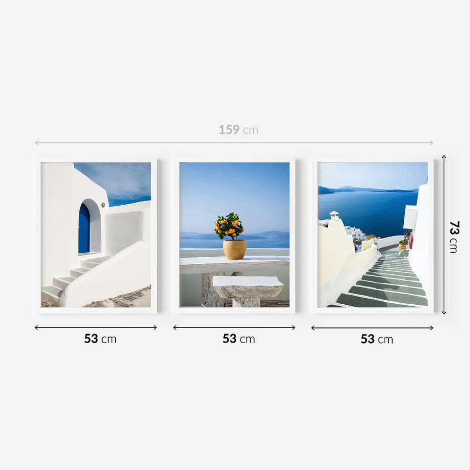 Zestaw obrazy w ramie 50x70 galeria - Santorini, morze, białe, domki - rama biała
