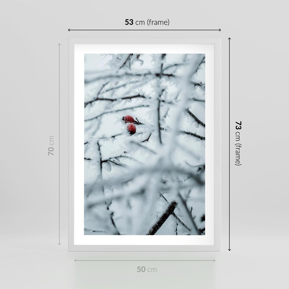 Plakat w ramie 50x70 - Zima w Detalu: Gałęzie ze Szronem i Śniegiem - śnieg, zima - rama biała