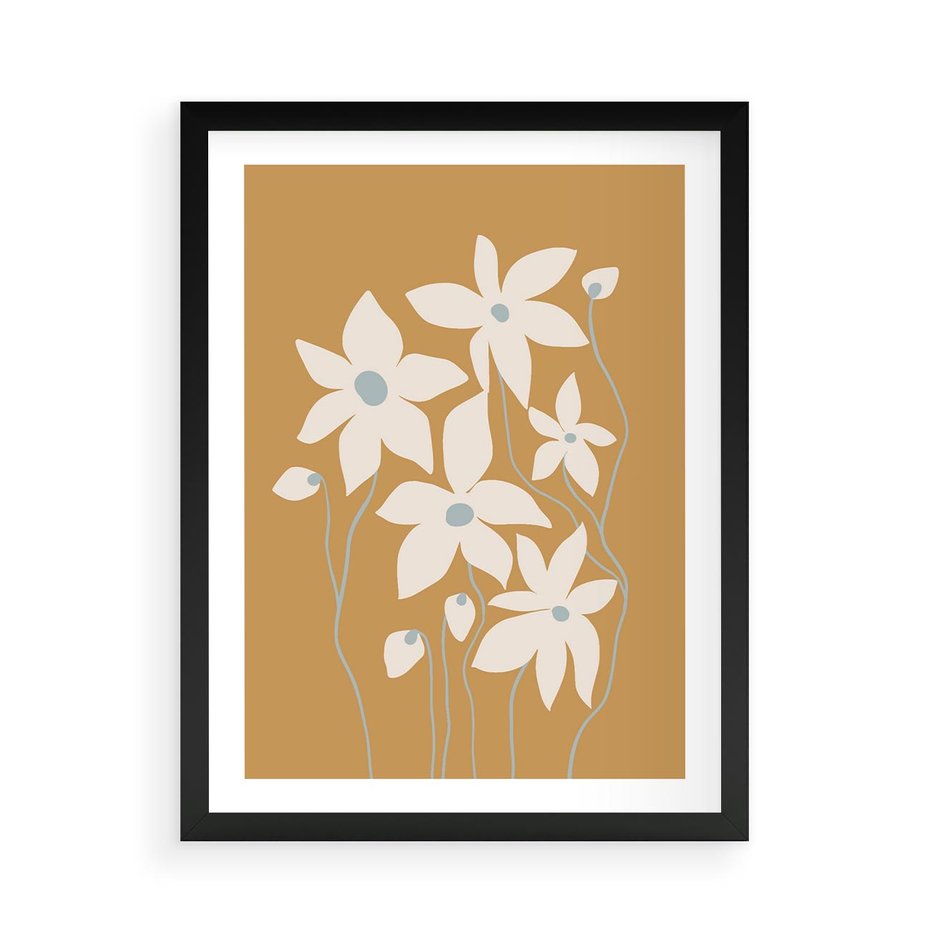 Plakat w ramie 50x70 - Kwiatowy Spektakl - minimalistyczne kwiaty, na pomarańczowym tle - rama czarna