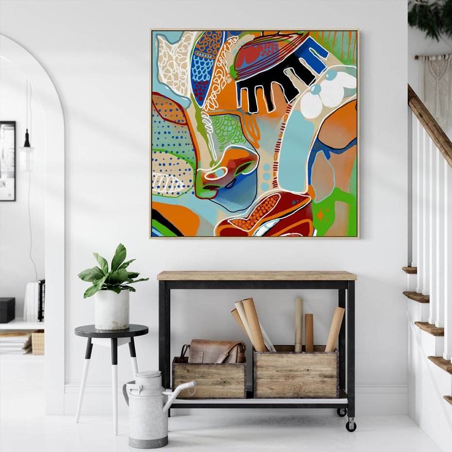 Obraz w ramie 80x80 - Wibracje Kształtów - abstrakcyjny portret kobiety, twarz - rama drewno