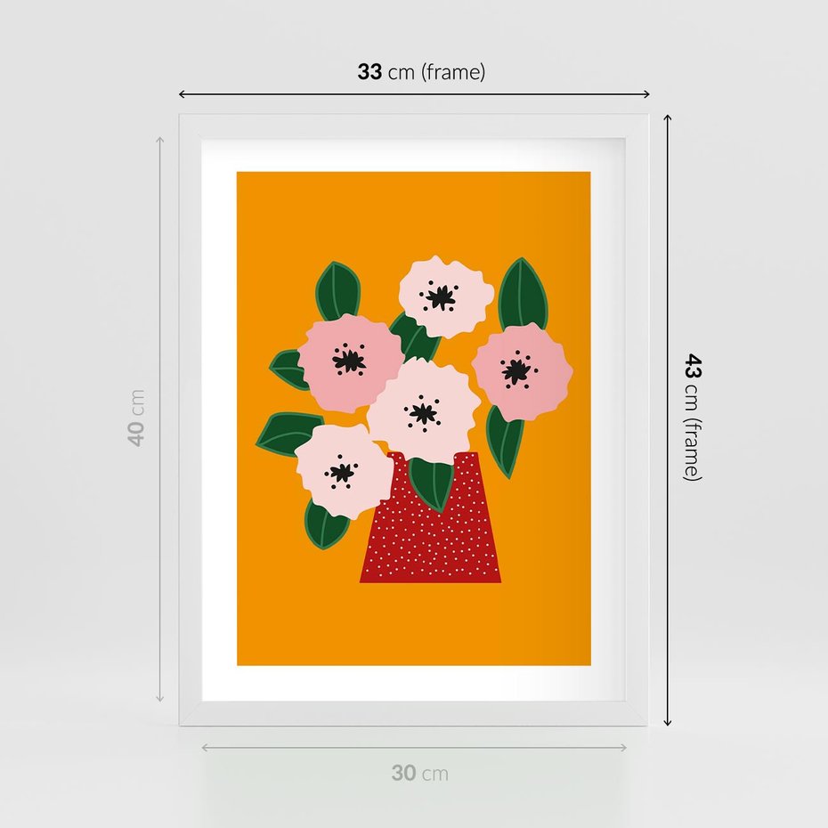 Plakat w ramie 30x40 - Harmonijne Granice - abstrakcyjne kwiaty, żółte tło - rama biała