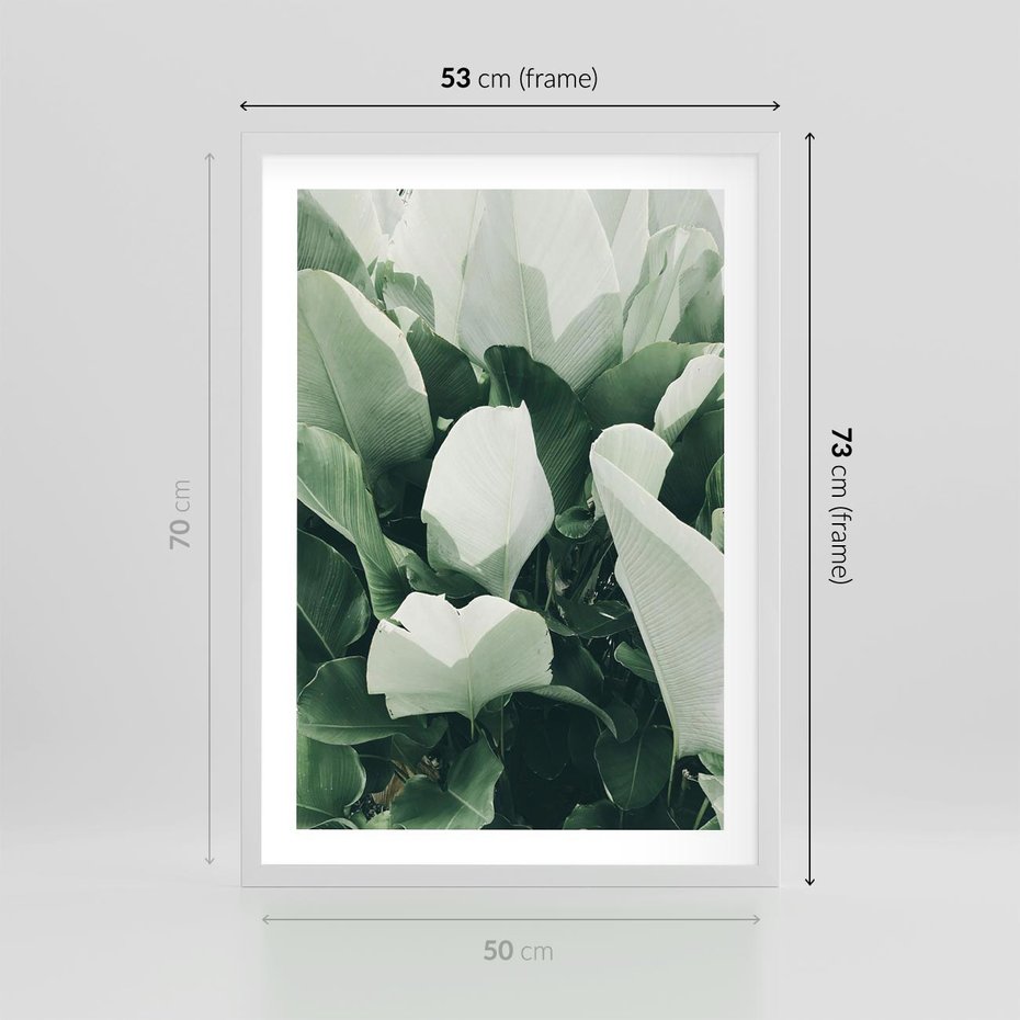 Plakat w ramie 50x70 - Zgaszona Uroda Natury - zielone liście, zgaszona zieleń - rama biała