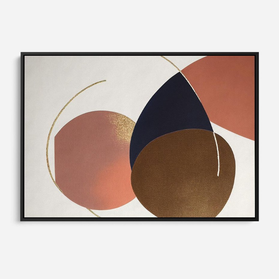 Obraz w ramie 70x50 - Pudrowe Kreacje - abstrakcyjne plamy koła złote linie modern art - rama czarna