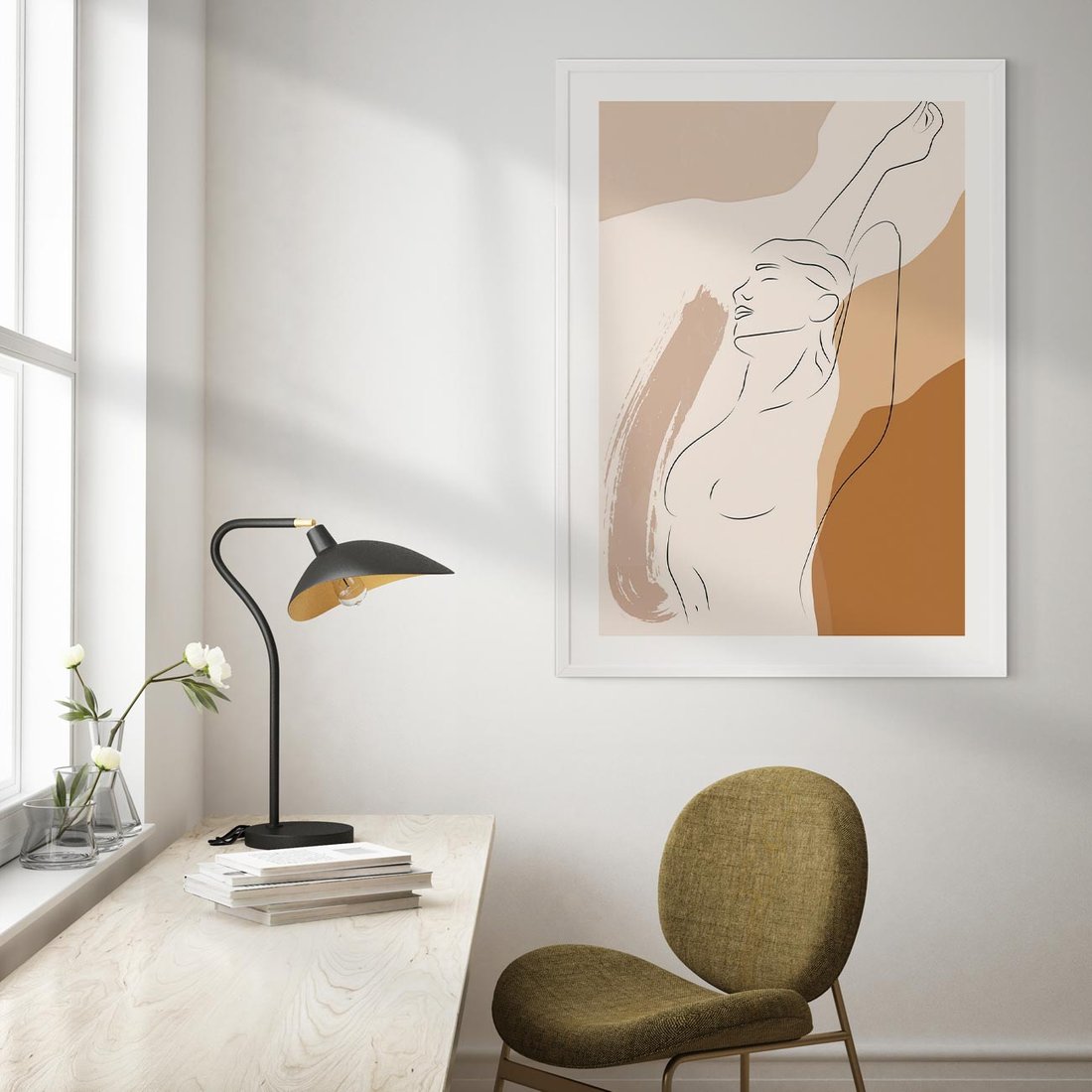 Plakat w ramie 50x70 - Sztuka Nagiej Formy - szkic nagiej kobiety, kolory beżowe - rama biała