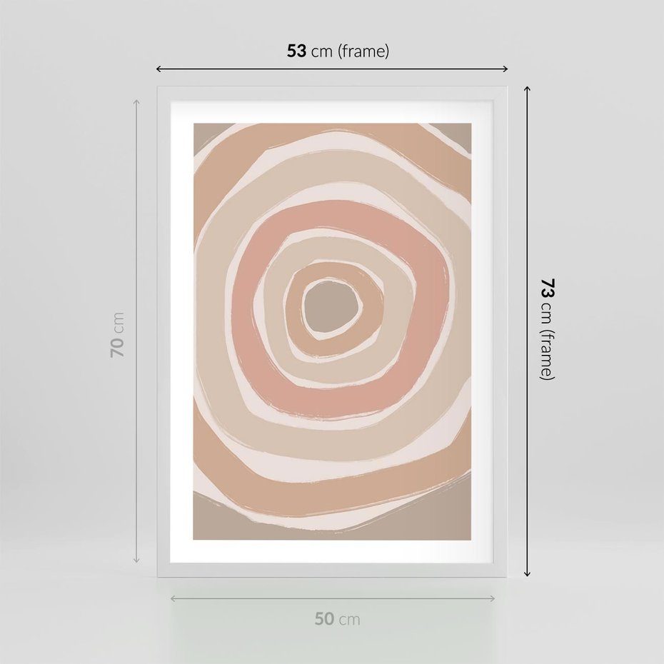 Plakat w ramie 50x70 - Roztopione Granice - abstakcyjne koła, delikatne odcienie beżu - rama biała
