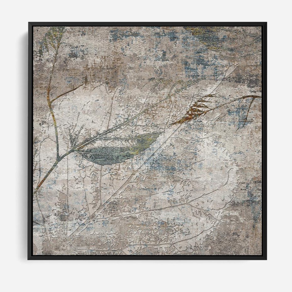 Obraz w ramie 50x50 - Betonowe Wspomnienia Liści - odciski w betonie, odbitki - rama czarna