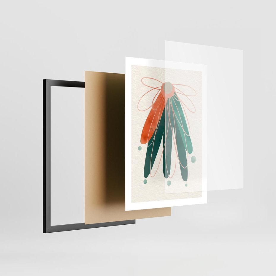 Plakat w ramie 50x70 - Energetyczna Harmonia Kwiatów - akwarelowe abstrakcyjne kształty, zieleń i pomarańcz - rama czarna