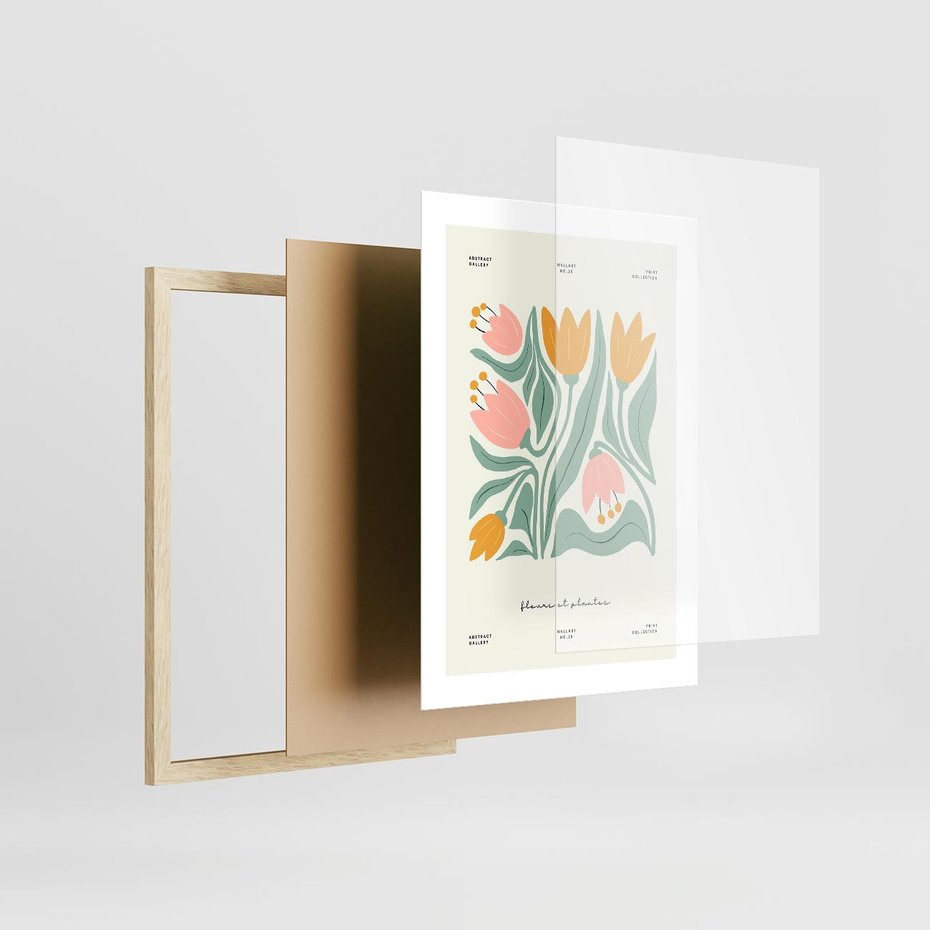 Plakat w ramie 30x40 - Tajemnicza Aura - kwiaty, nowoczesna abstrakcja - rama drewno