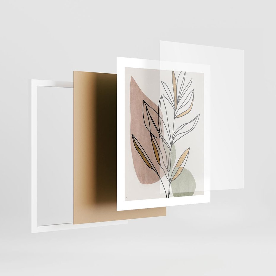 Plakat w ramie 40x50 - Impulsy Subtelnej Harmonii - abstrakcyjny obraz boho, liście - rama biała