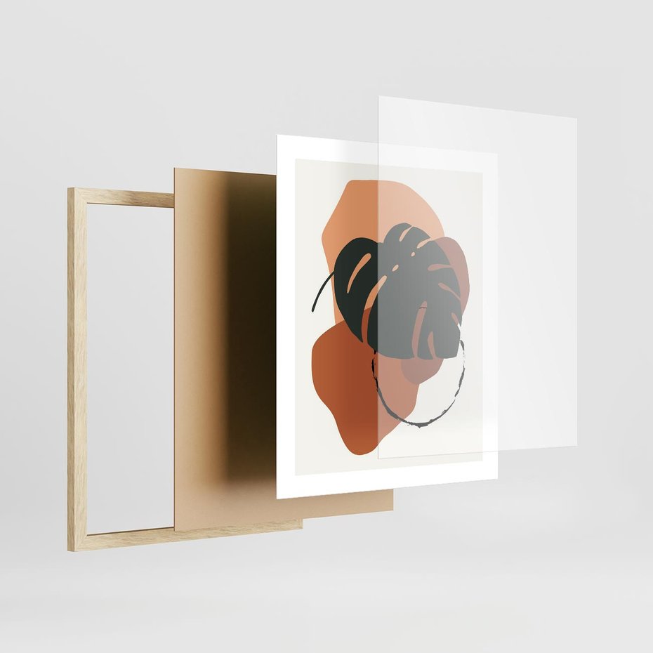 Plakat w ramie 40x50 - Brązowa Ekspresja - liść monstery, boho obraz - rama drewno