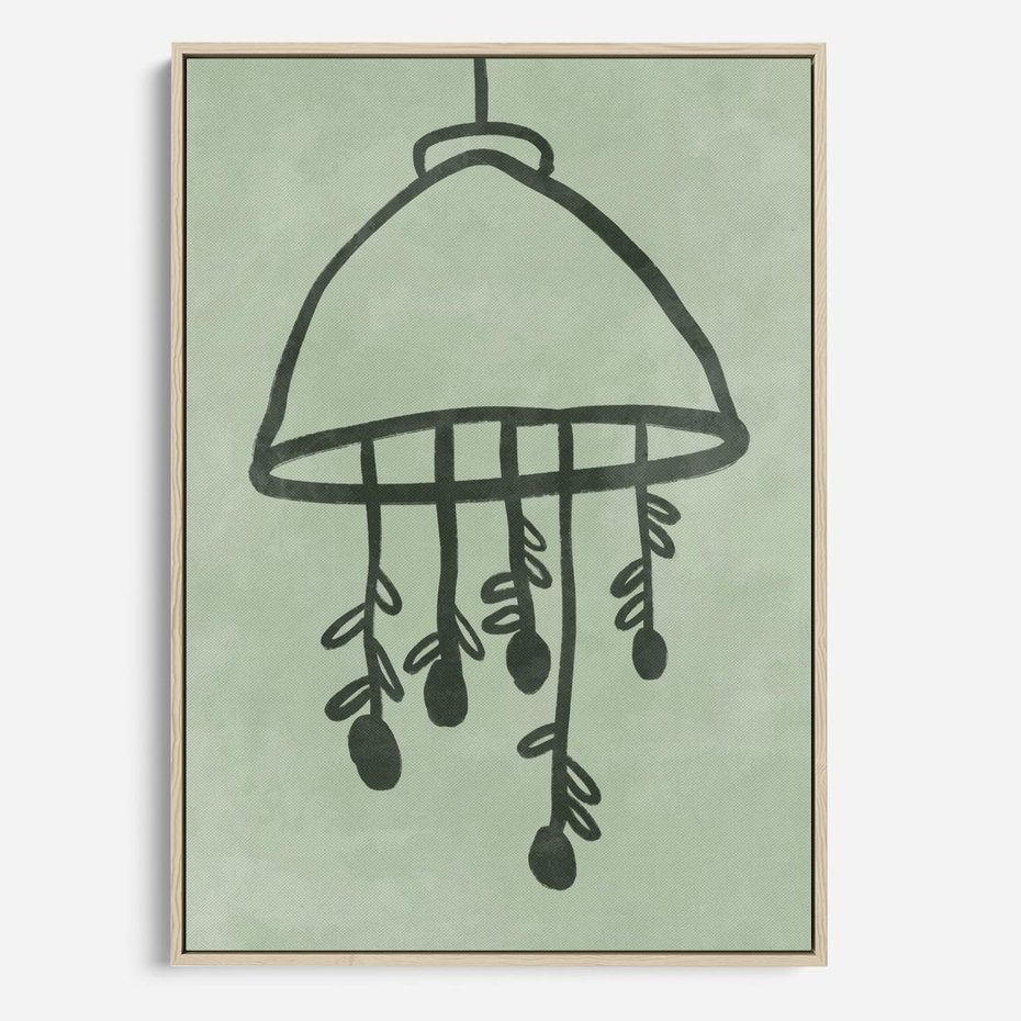 Obraz w ramie 50x70 - Zieleń Inspirującego Spokoju - plakat z abstrakcyjną zieloną lampą, skandynawski design - rama drewno