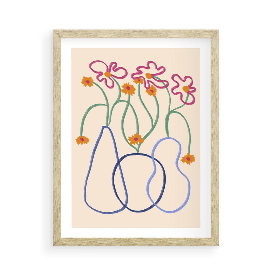 Plakat w ramie 50x70 - Migocące Pastelowe Impresje - minimalistyczny abstrakcyjny obraz, prymitywne kwiatki - rama drewno