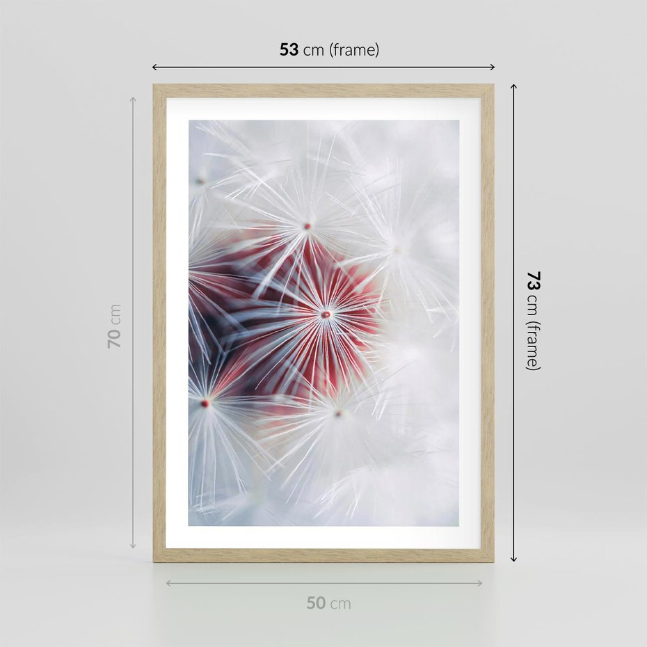 Plakat w ramie 50x70 - Minimalistyczna Delikatność - zbliżenie, dmuchawce - rama drewno