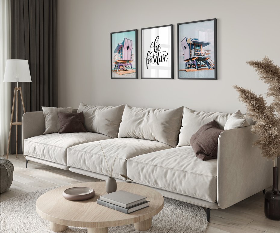 Zestaw obrazy w ramie 50x70 galeria - Be, positive, plaża, kolory - rama czarna