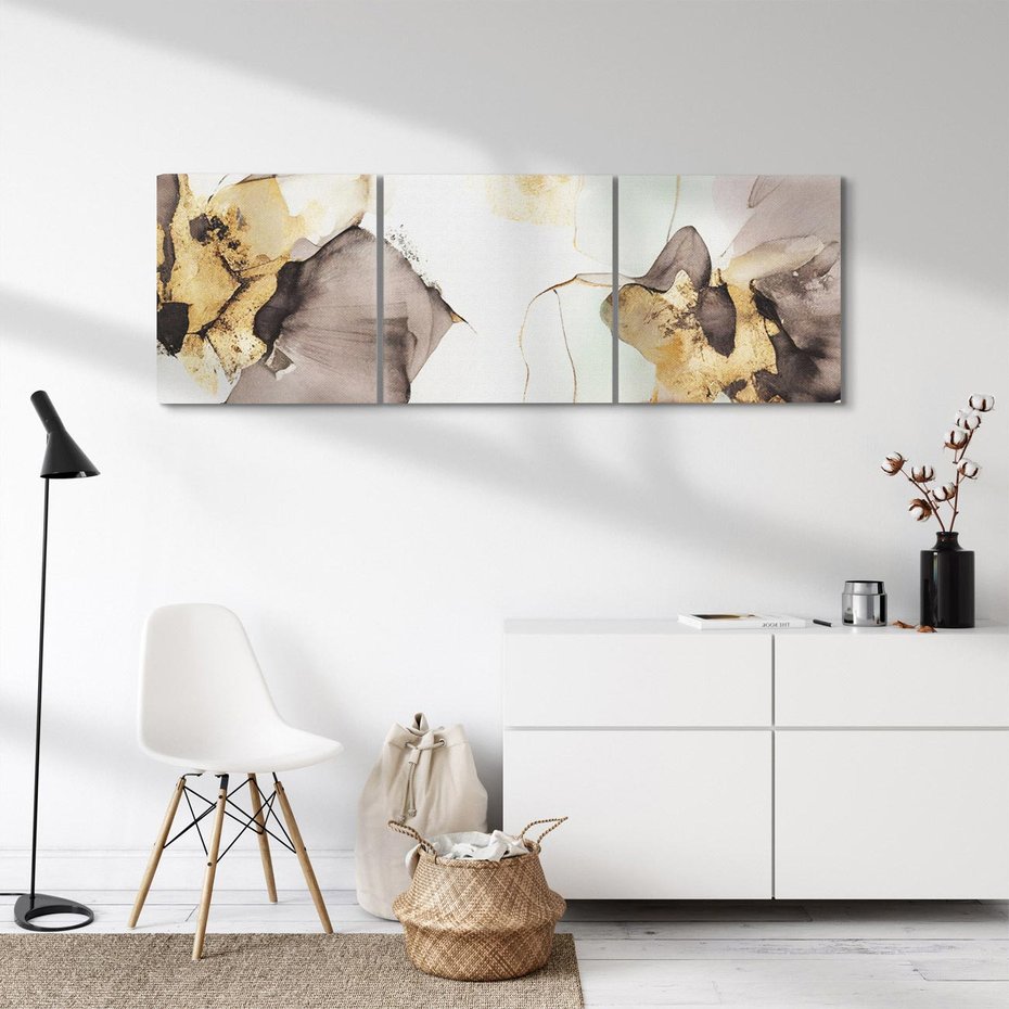 Obraz na płótnie 120x40 - Nowoczesne Elegancje - akwarela, złote linie i plamy