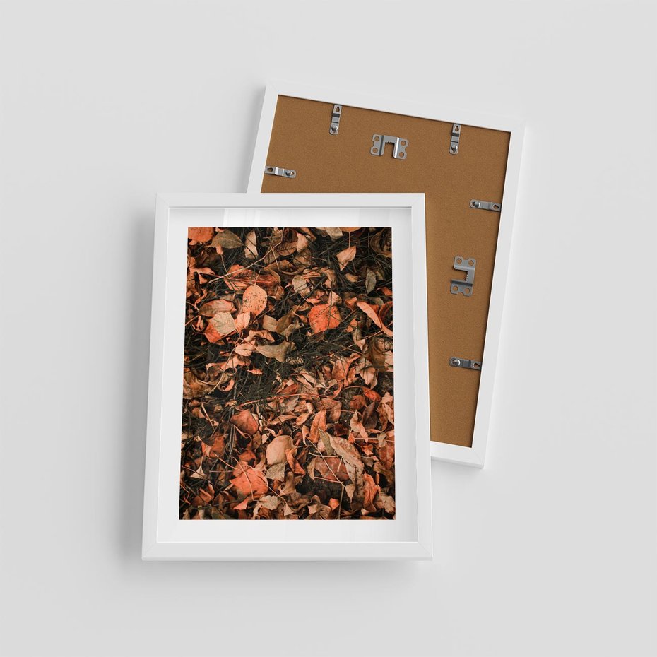 Plakat w ramie 30x40 - Jesienny Splot: Pomarańczowe Liście - liście, pomarańczowe suche liście - rama biała
