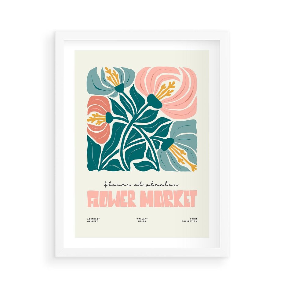 Plakat w ramie 50x70 - Taniec Kształtów - kwiaty, abstrakcyjna kompozycja - rama biała