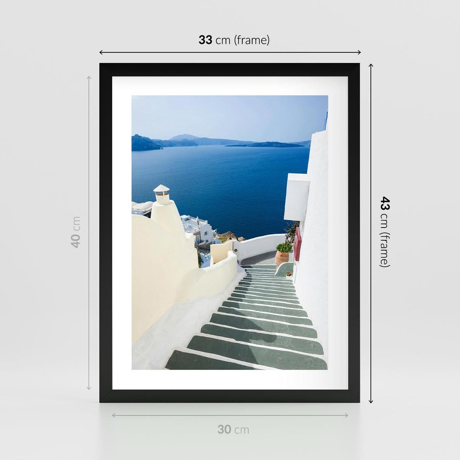 Plakat w ramie 30x40 - Malowniczy urok wyspy - Santorini, schodki - rama czarna