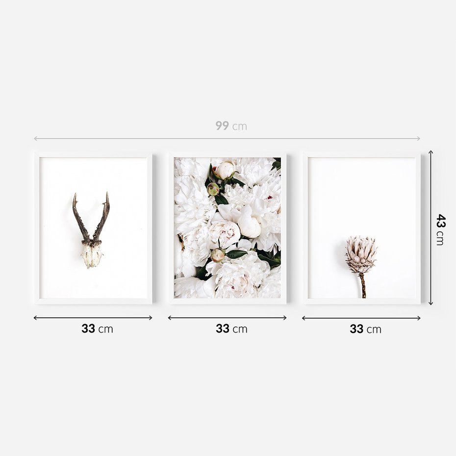 Zestaw obrazy w ramie 30x40 galeria - Kwiaty, boho, styl, minimalizm - rama biała