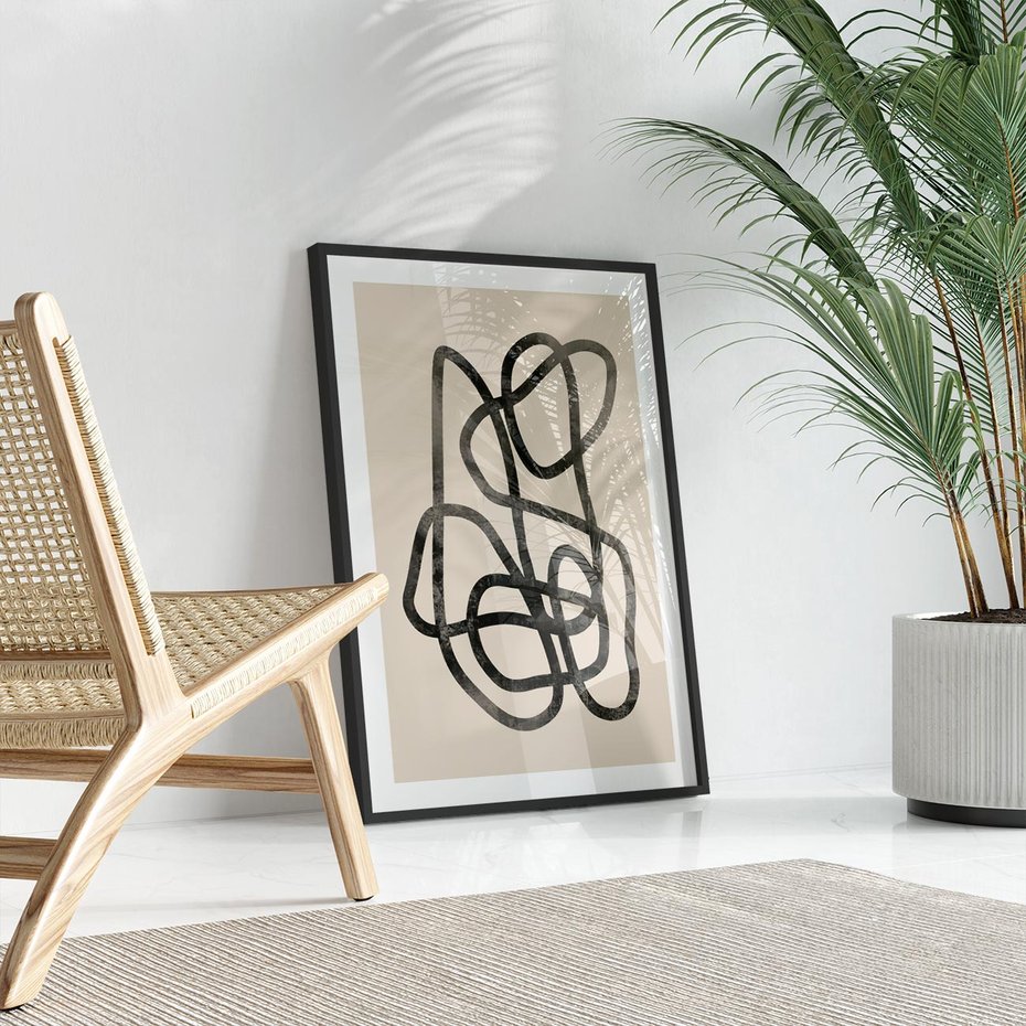 Plakat w ramie 40x50 - Przenikanie Wirtualnych Wymiarów - zaplątane minimalistyczne linie, na bezowym tle - rama czarna