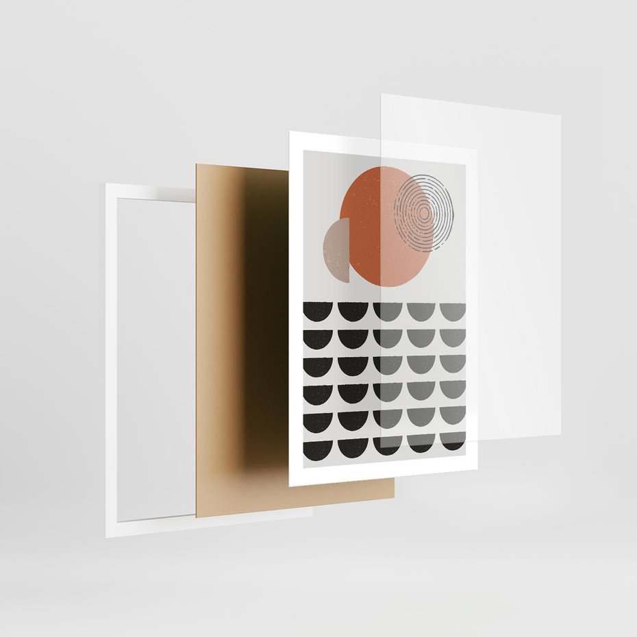 Plakat w ramie 50x70 - Geometryczna Ekspresja - geometryczny graficzny obraz, pomarańczowe koło - rama biała