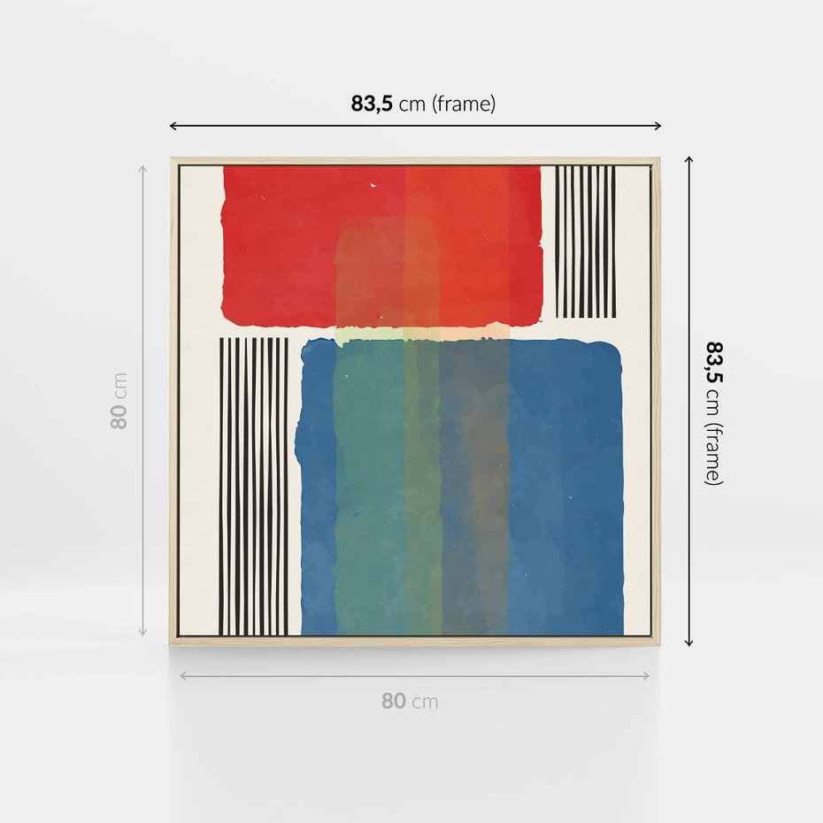 Obraz w ramie 80x80 - Kolorowe Spektrum - kolorowa geometria, prostokąty w intensywnych kształtach i czarne kreski - rama drewno