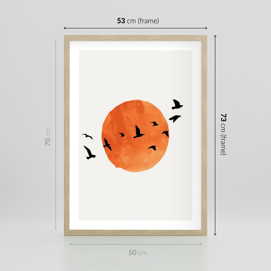 Plakat w ramie 50x70 - Zachód Słońca i Ptaki - grafika akwarela, czarne ptaki na tle zachodu słońca - rama drewno