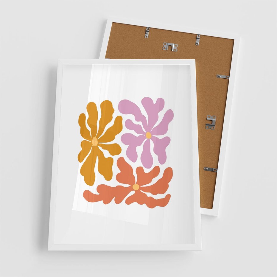 Plakat w ramie 50x70 - Rozbijające Refleksje - abstrakcyjne kolorowe kwiaty, minimlizm - rama biała