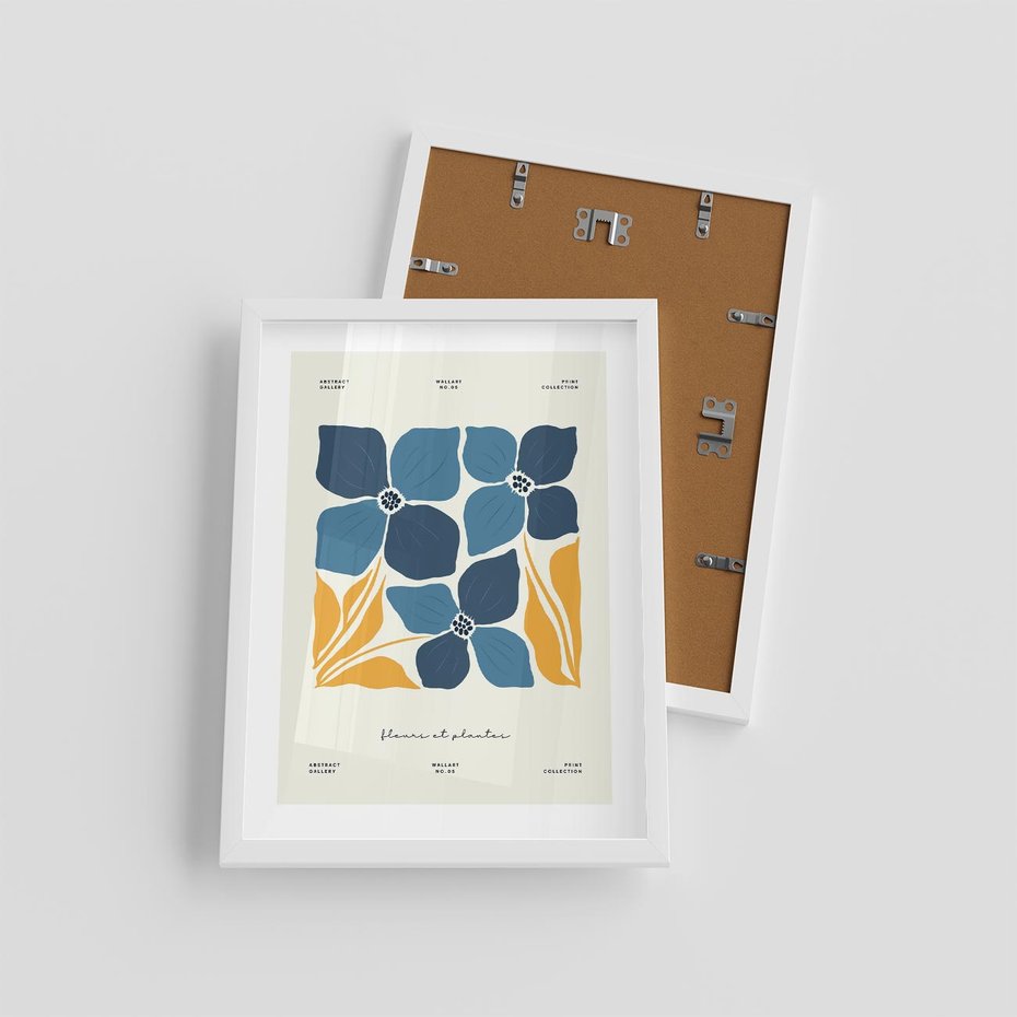 Plakat w ramie 30x40 - Błękitne Nowości - niebieskie kwiaty, nowoczesna sztuka - rama biała