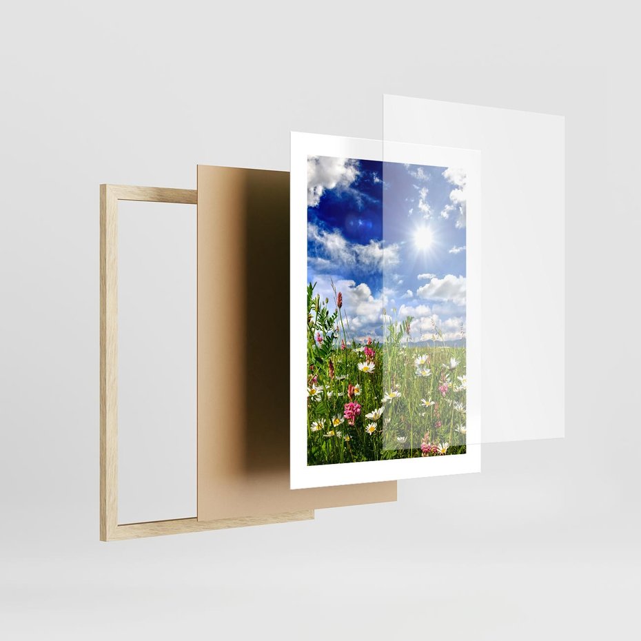 Plakat w ramie 30x40 - Niebiańska łąka pełna kwiatów - łąka, niebo - rama drewno
