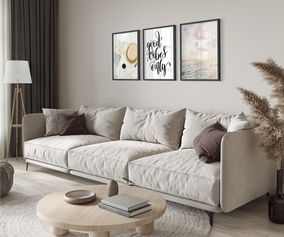 Zestaw obrazy w ramie 50x70 galeria - Good, vibes, plaża, boho, napis - rama czarna