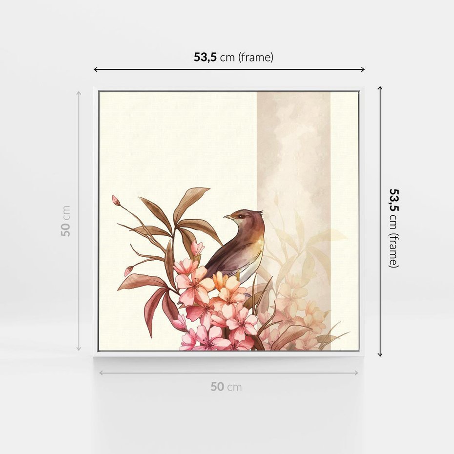 Obraz w ramie 50x50 - Kwiatowe Zanurzenie - japońska sztuka, ptak - rama biała