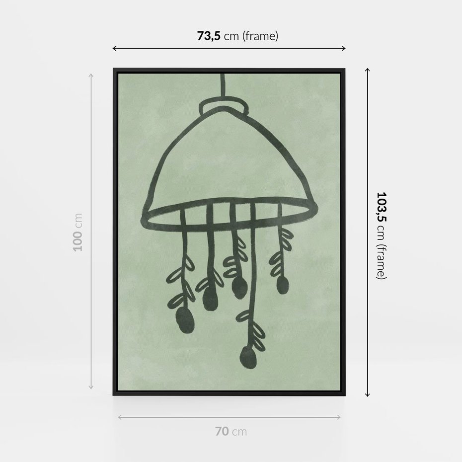 Obraz w ramie 70x100 - Zieleń Inspirującego Spokoju - plakat z abstrakcyjną zieloną lampą, skandynawski design - rama czarna