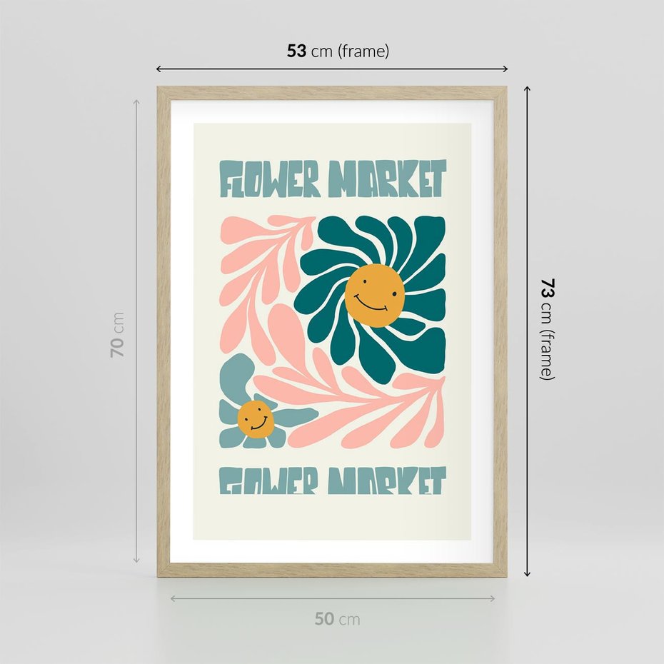 Plakat w ramie 50x70 - Harmonia płatków kwiatów - kwiatowa retro kompozycja, pastelowe kolory - rama drewno
