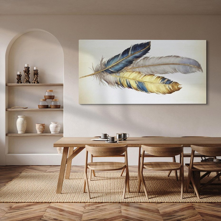 Obraz na płótnie 100x50 - Granatowo-Złote Pióra - sztuka, granatowe i złote pióra