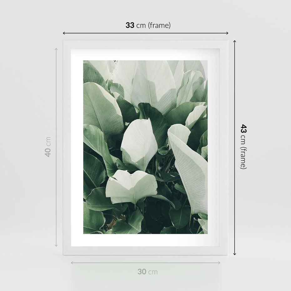 Plakat w ramie 30x40 - Zgaszona Uroda Natury - zielone liście, zgaszona zieleń - rama biała