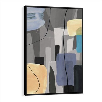 Obraz w ramie 70x100 - Harmonia w chaosie serca - abstrakcja na szarym tle, kolorowe plamy koloru - rama czarna