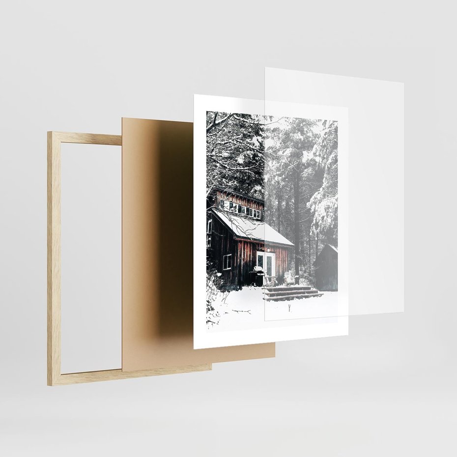 Plakat w ramie 40x50 - Zimowy Urok Drewnianego Domku - zima, drewniany domek - rama drewno