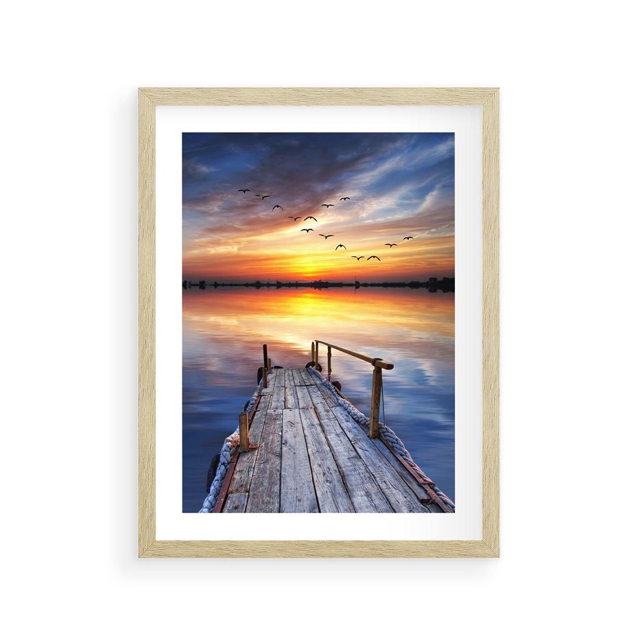 Plakat w ramie 30x40 - Zachód słońca na pomostcie - pomost, zachód - rama drewno