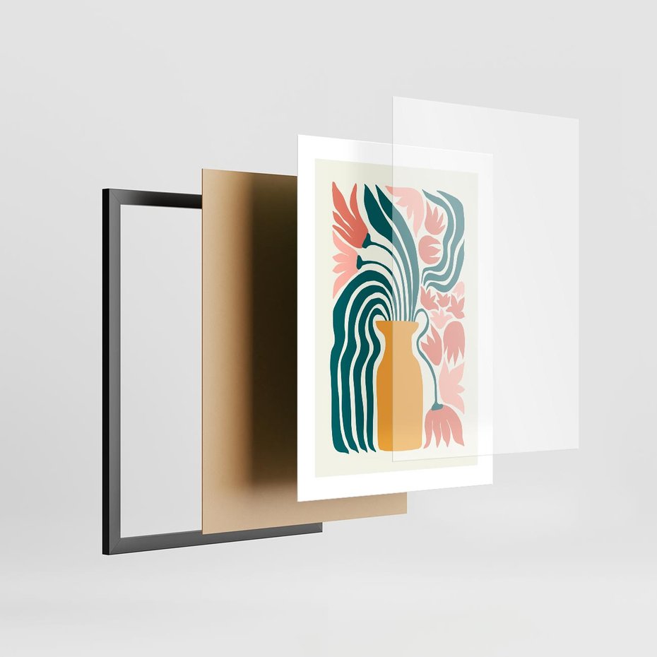 Plakat w ramie 30x40 - Kolorowe Pasmo - abstrakcyjne kwiaty w wazonie, pdastelowe kolory - rama czarna